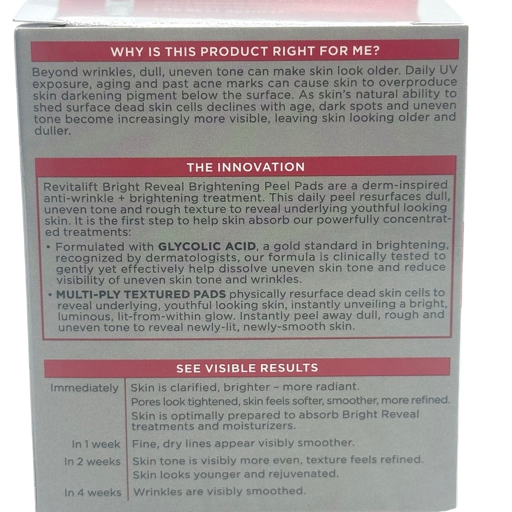 L'Oreal Revitalift Bright Reveal Peel Pads 30ct White 10% Glycolic Complex‎ - Picture 2 of 6
